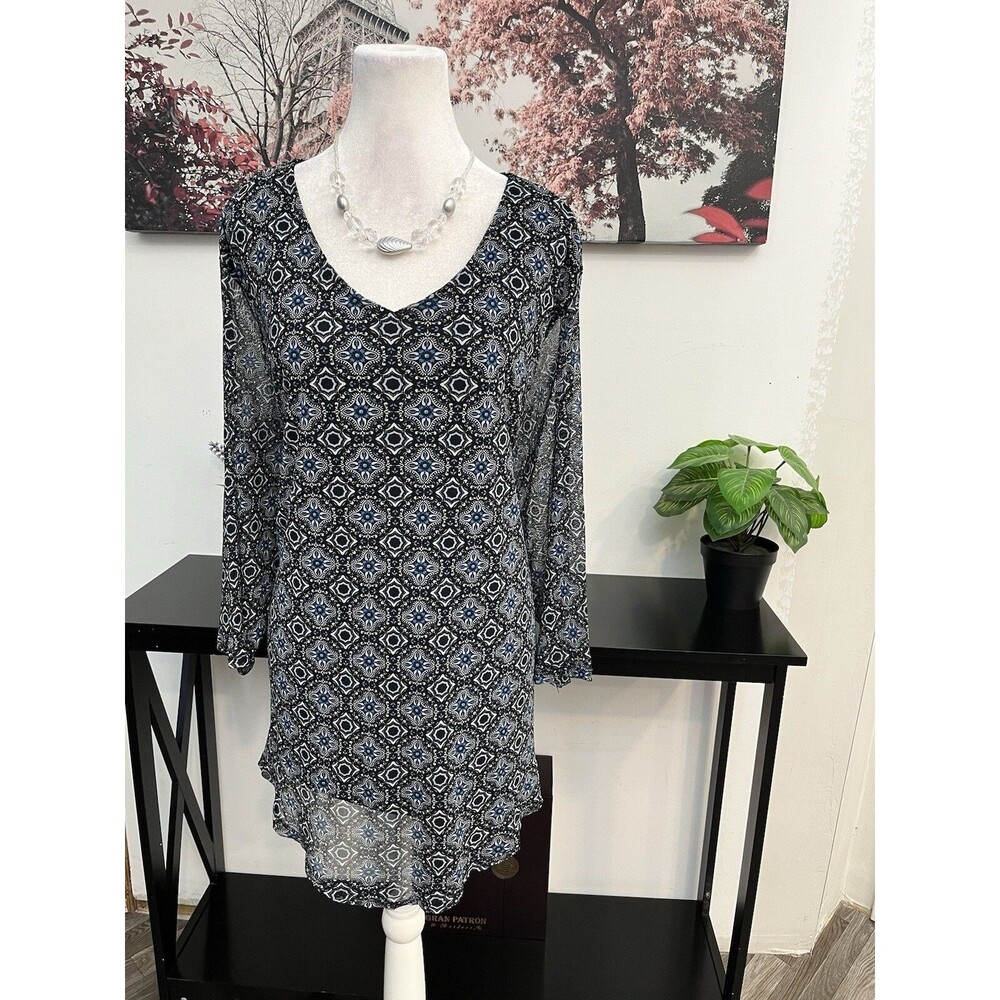 Croft & Barrow 3X Blue Geometric Print V-Neck Knit Tunic Blouse Lined Plus Size